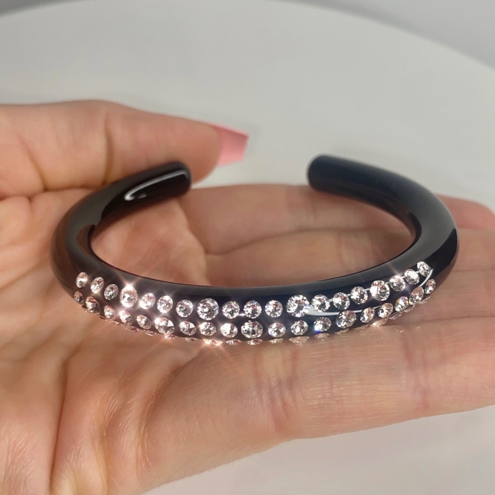 Women’s Black Acrylic Cuff Bracelet Embellished With Genuine AAA Crystals, New